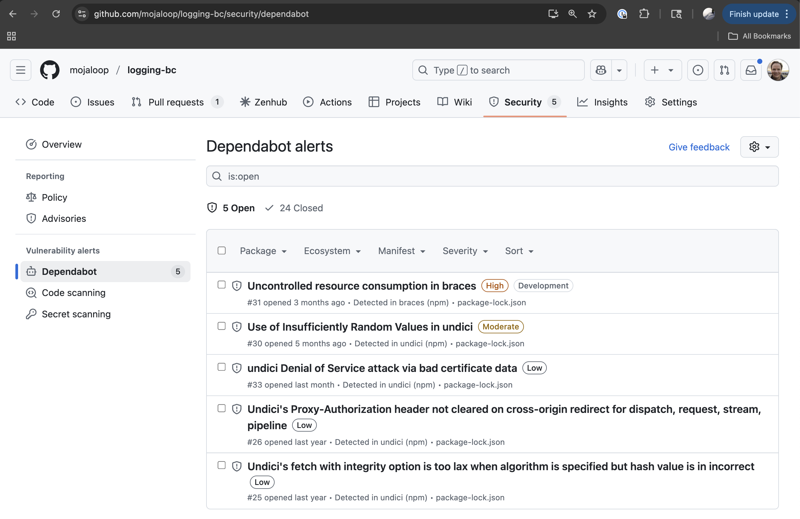 GitHub Dependabot Alerts List