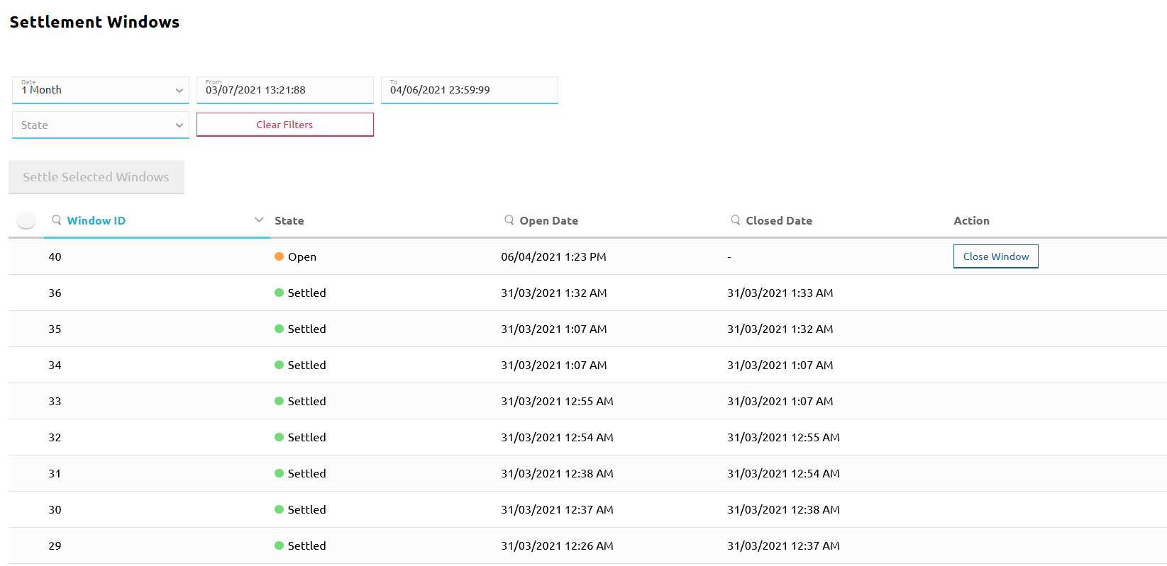 Managing settlement windows