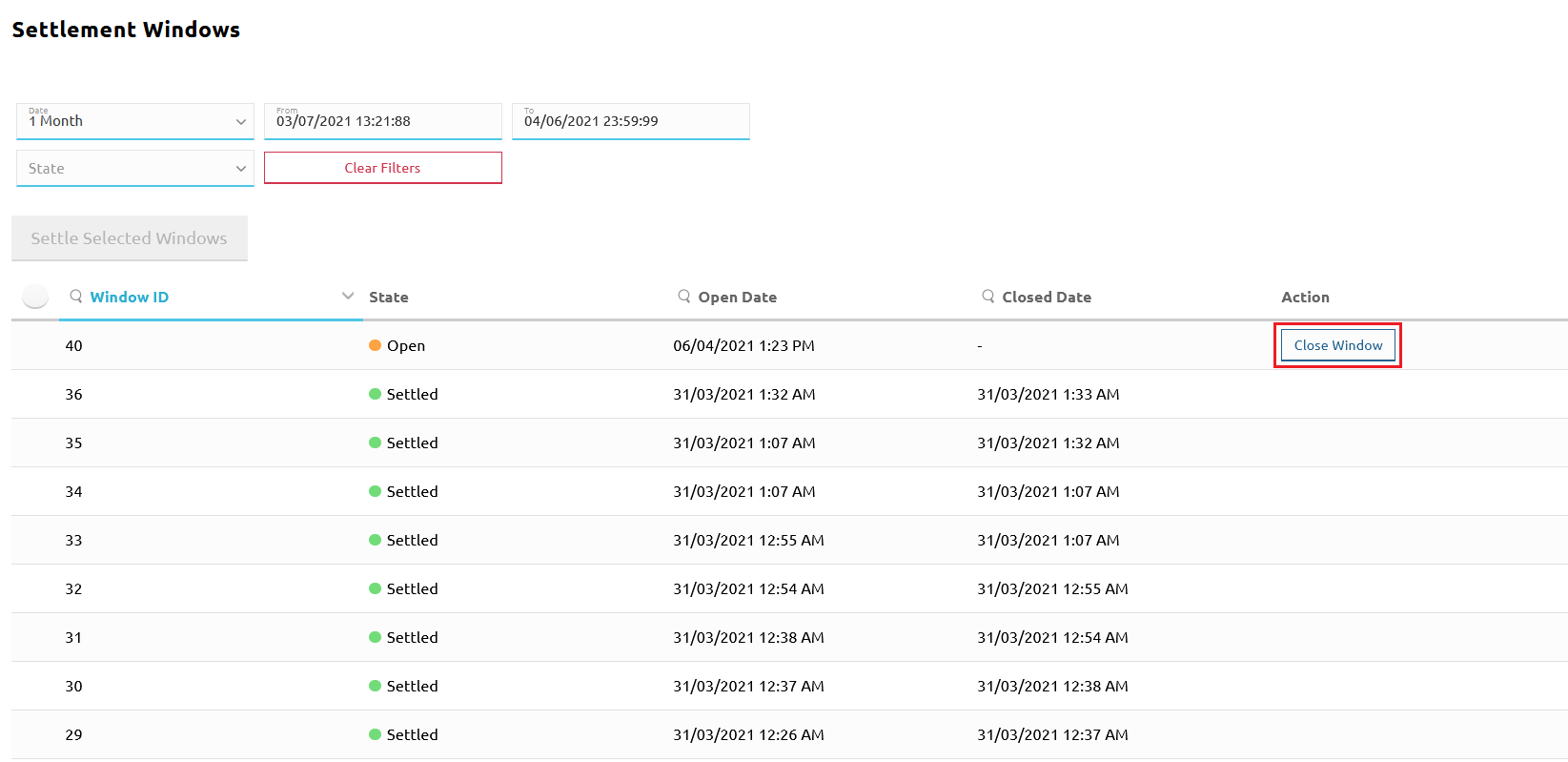 Closing a settlement window
